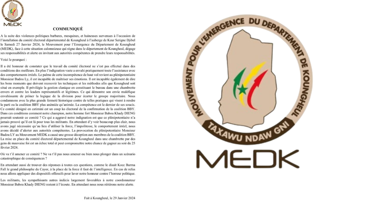 Communiqué : MEDK – Mouvement pour l&rsquo;Emergence du Département de Koungheul