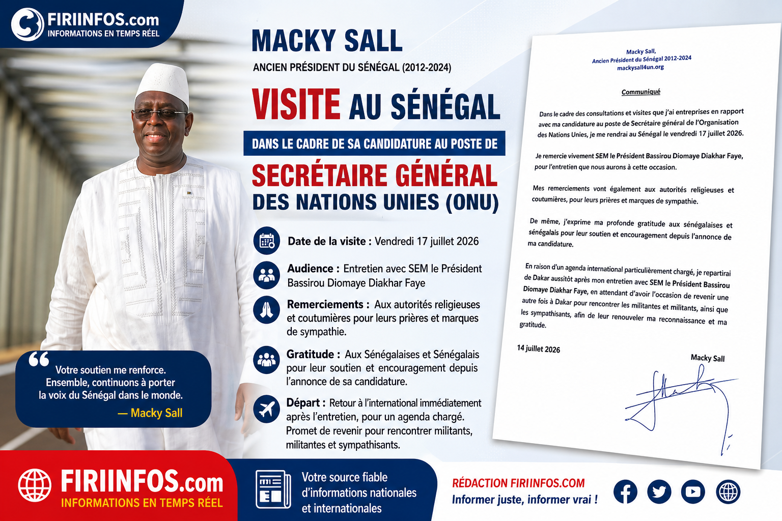 Macky Sall annonce une visite au Sénégal dans le cadre de sa candidature au poste de Secrétaire général de l&rsquo;ONU