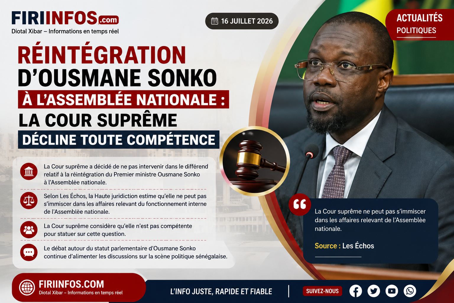 Réintégration d&rsquo;Ousmane Sonko à l&rsquo;Assemblée nationale : la Cour suprême décline toute compétence