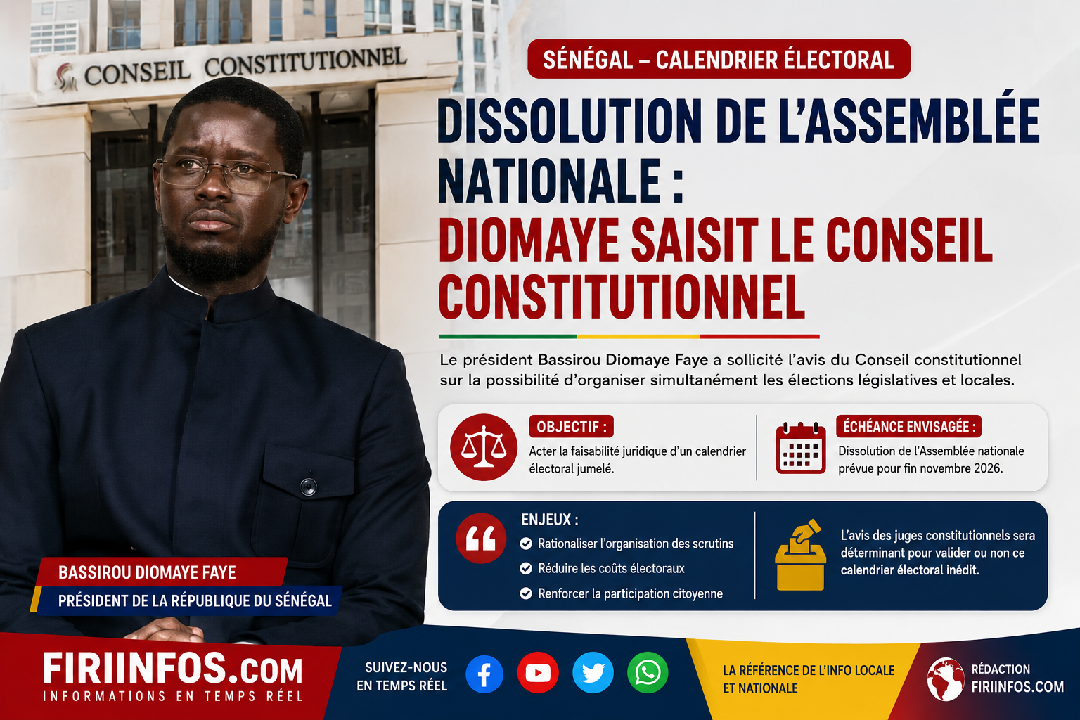 Sénégal : Président Bassirou Diomaye Faye consulte le Conseil constitutionnel sur un éventuel couplage des élections législatives et locales