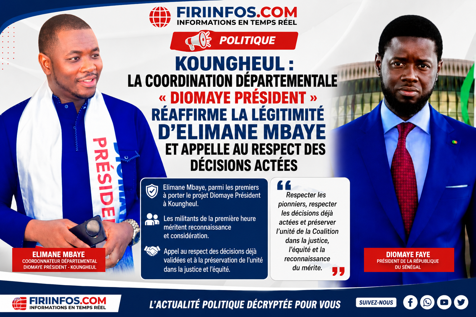 Koungheul : la Coordination départementale « Diomaye Président » réaffirme la légitimité d’Elimane Mbaye et appelle au respect des décisions actées