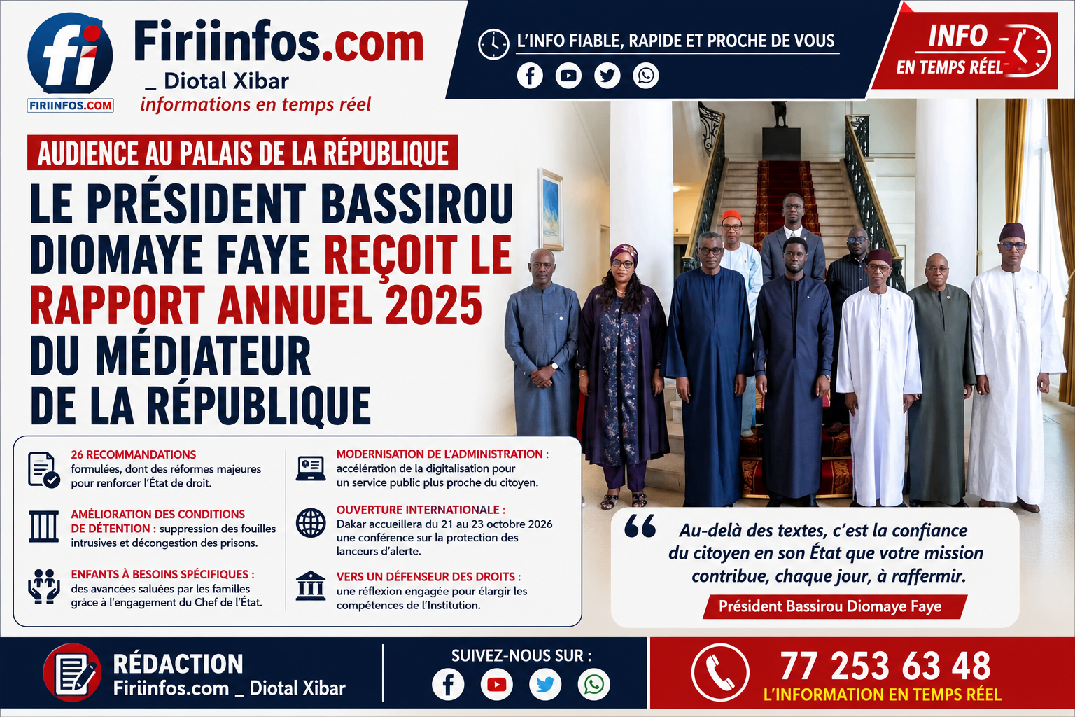 Le président Bassirou Diomaye Faye reçoit le rapport annuel 2025 du Médiateur de la République