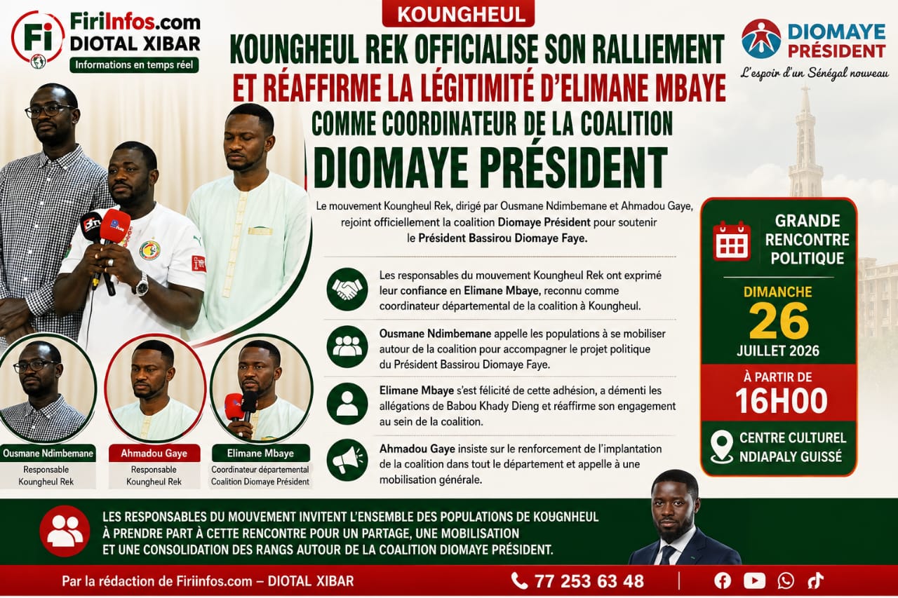 Koungheul : Koungheul Rek officialise son ralliement et réaffirme la légitimité d&rsquo;Elimane Mbaye comme coordinateur de la Coalition Diomaye Président.