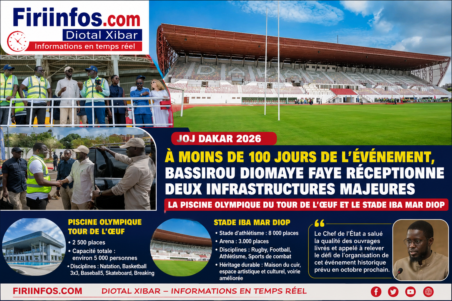 JOJ Dakar 2026 : Bassirou Diomaye Faye réceptionne deux infrastructures sportives majeures à moins de 100 jours de l&rsquo;événement
