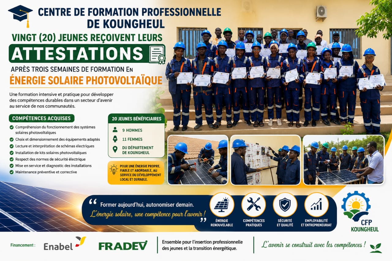Centre de formation professionnelle de Koungheul : vingt jeunes reçoivent leurs attestations après trois semaines de formation en énergie solaire photovoltaïque