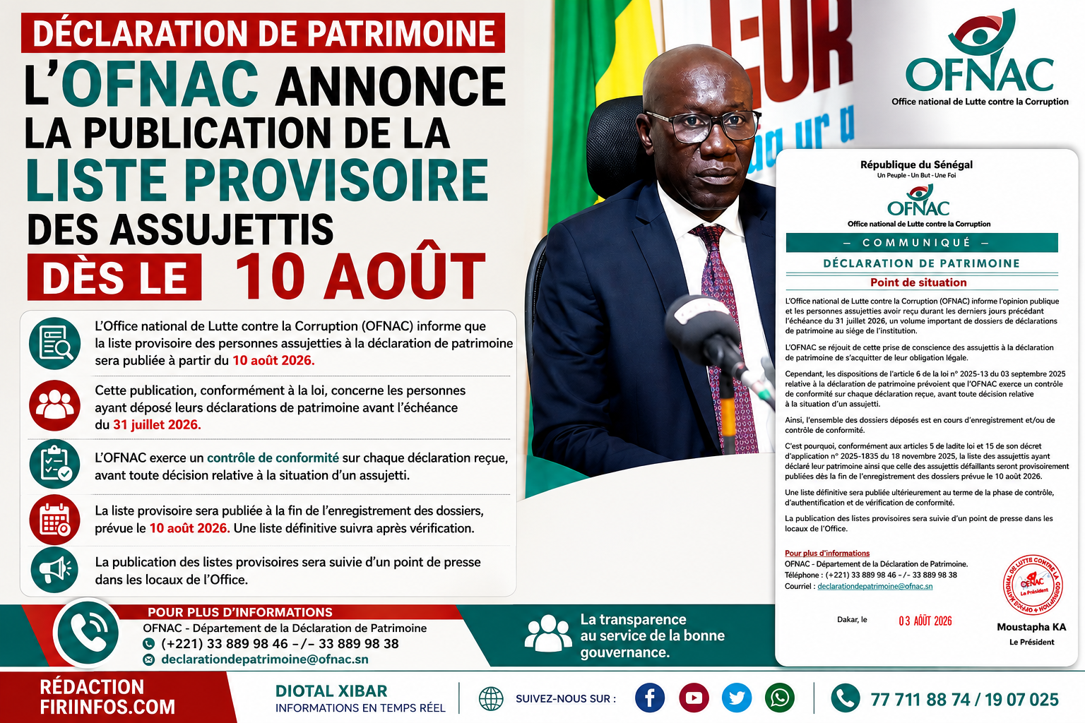 Déclaration de patrimoine : l’OFNAC annonce la publication de la liste provisoire des assujettis dès le 10 août