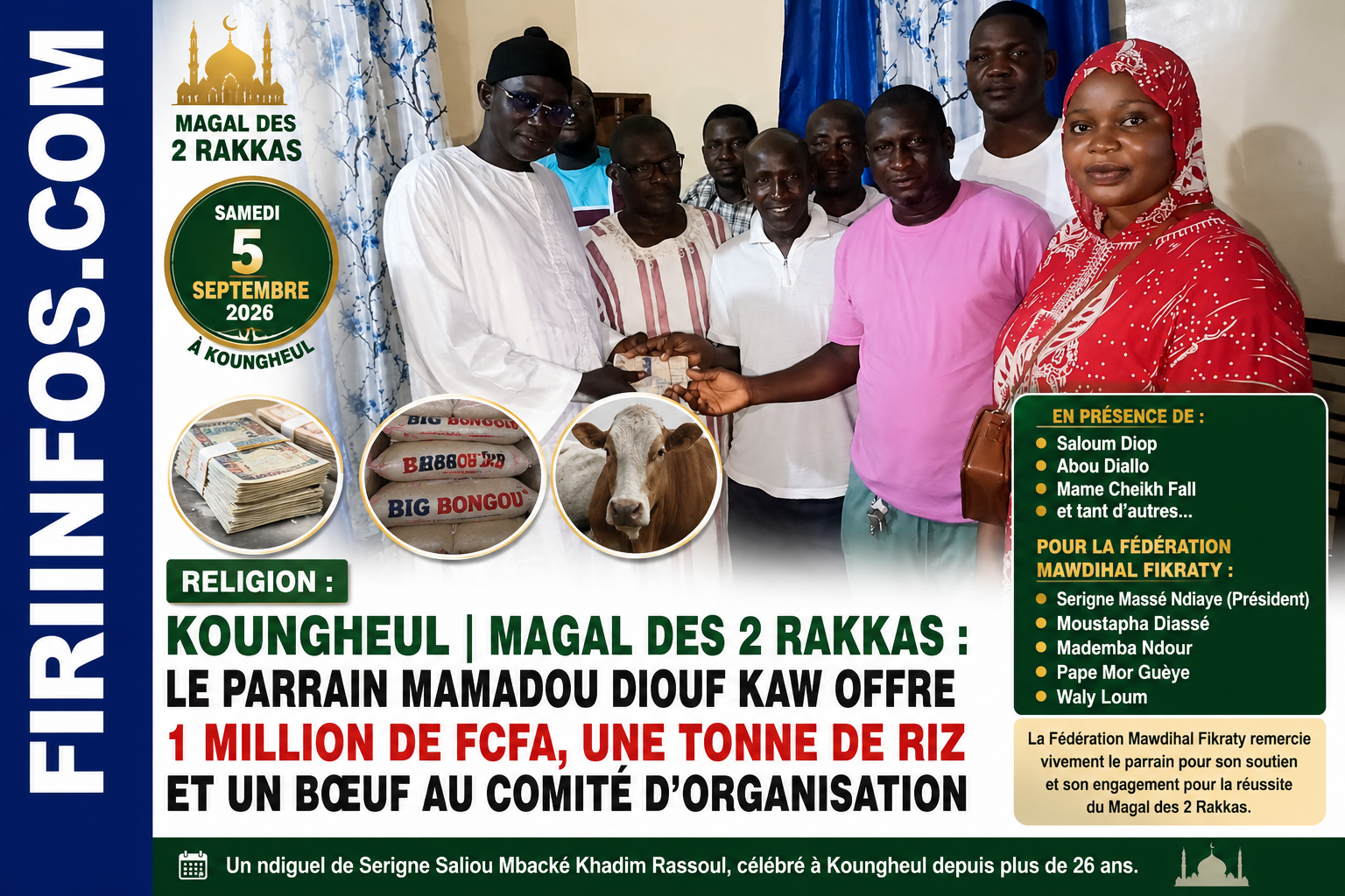 KOUNGHEUL | MAGAL DES 2 RAKKAS : LE PARRAIN MAMADOU DIOUF KAW OFFRE 1 MILLION DE FCFA, UNE TONNE DE RIZ ET UN BŒUF AU COMITÉ D’ORGANISATION