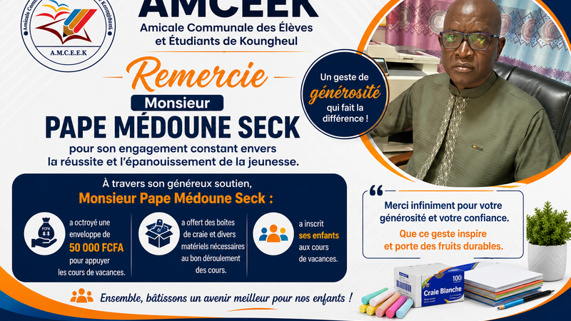 ÉDUCATION – COURS DE VACANCES : L’AMCEEK SALUE LE SOUTIEN ET LA GÉNÉROSITÉ DE PAPE MÉDOUNE SECK
