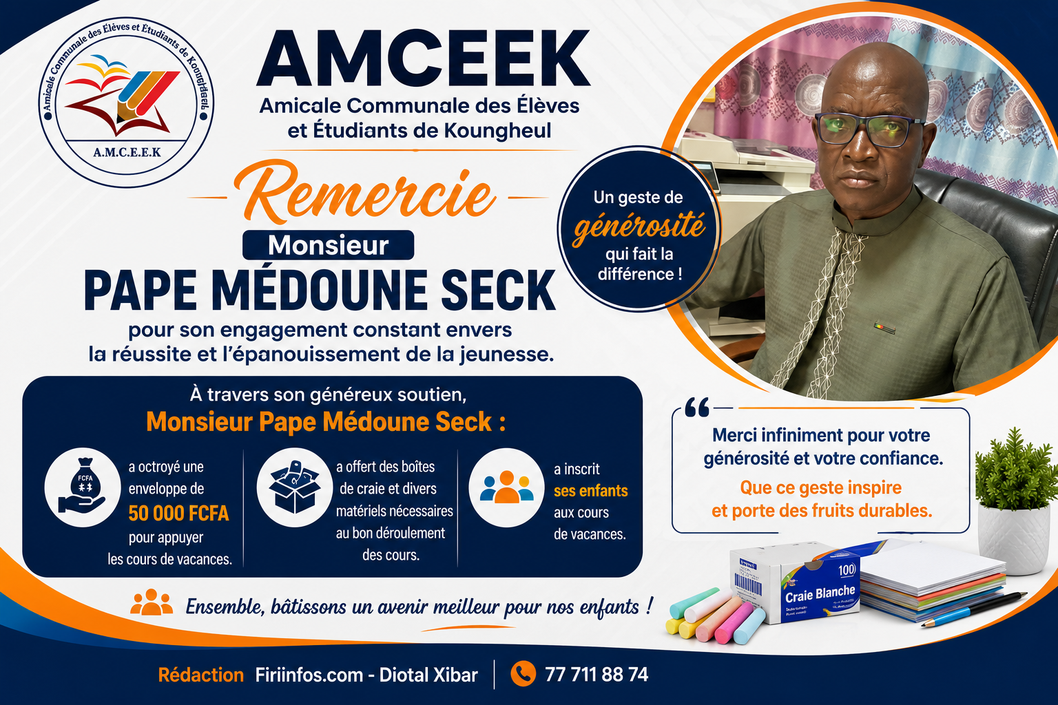 ÉDUCATION – COURS DE VACANCES : L’AMCEEK SALUE LE SOUTIEN ET LA GÉNÉROSITÉ DE PAPE MÉDOUNE SECK