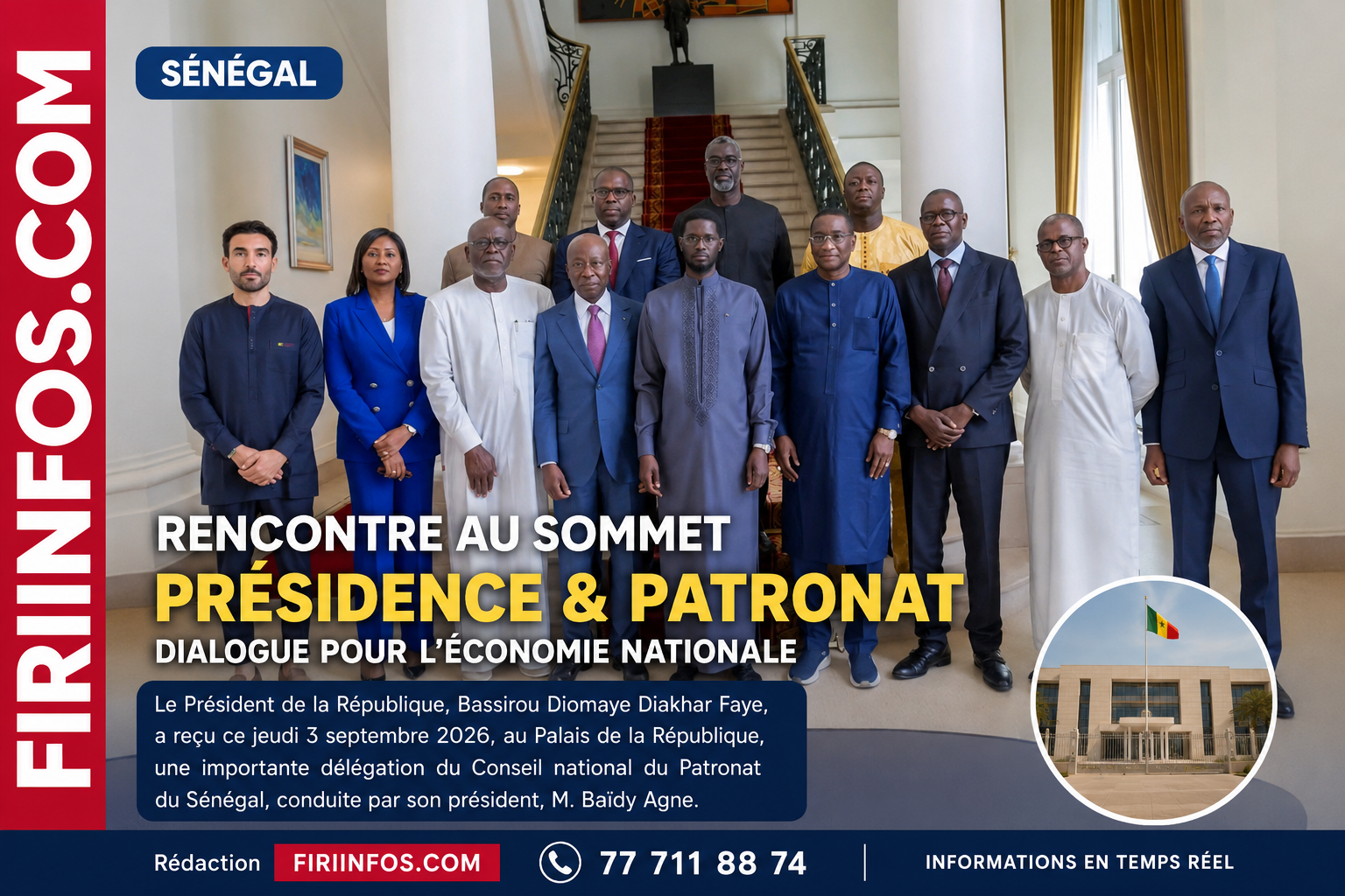Le Président de la République, Bassirou Diomaye Diakhar Faye, a reçu ce jeudi 3 septembre 2026, au Palais de la République, une importante délégation du Conseil national du Patronat du Sénégal, conduite par son président, M. Baïdy Agne.