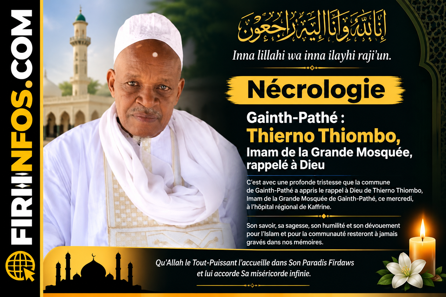 Nécrologie — Gainth-Pathé : Thierno Thiombo, Imam de la Grande Mosquée, rappelé à Dieu